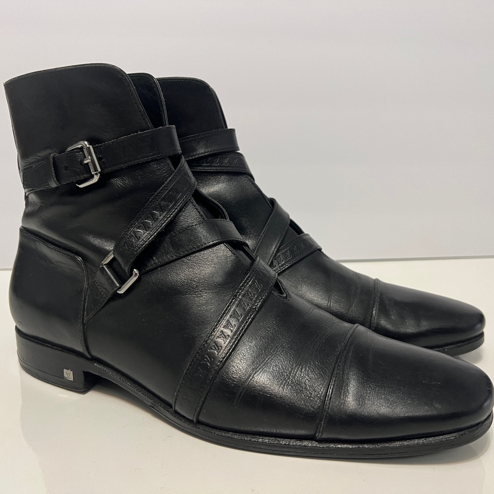 Louis Vuitton Monogram Strap Black Leather Boots Size 7.5 LV fits 8.5-9 US